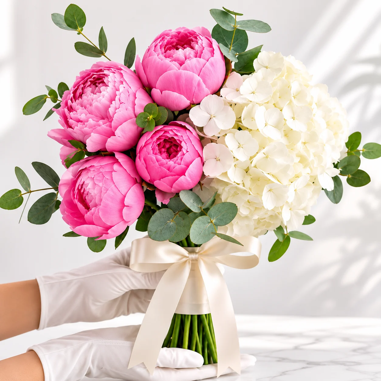 Silva Grace Hydrangea Peony Bouquet featuring white hydrangea, Silva pink peonies, fresh eucalyptus, and premium ribbon wrapping